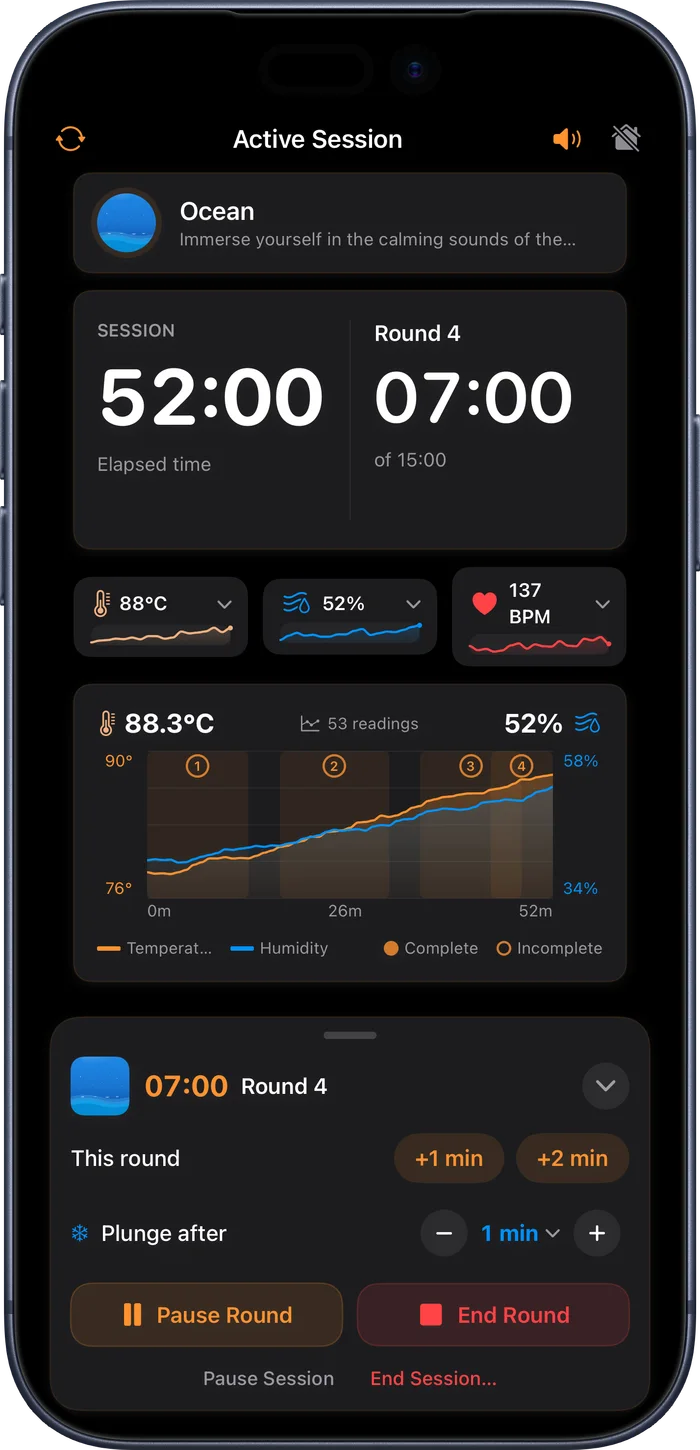 Sauna Assistant Active Session on iPhone — guided round timer, live climate, and heart rate