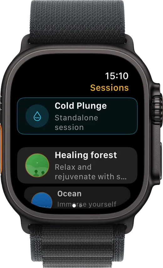 Sauna Assistant Apple Watch home screen with the Cold Plunge card