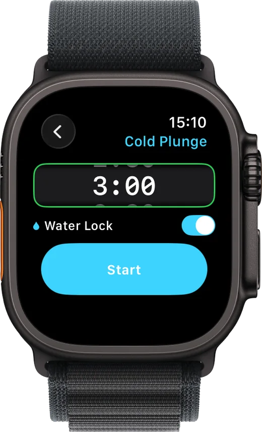 Sauna Assistant Apple Watch cold plunge setup screen with duration wheel and Water Lock