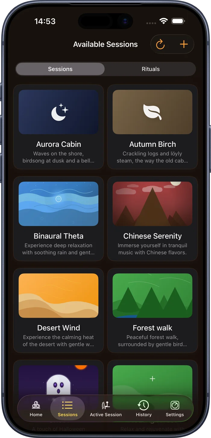 Sauna Assistant session browser showing ambient themes including Desert Wind, Forest Walk, Ghost, and Ocean