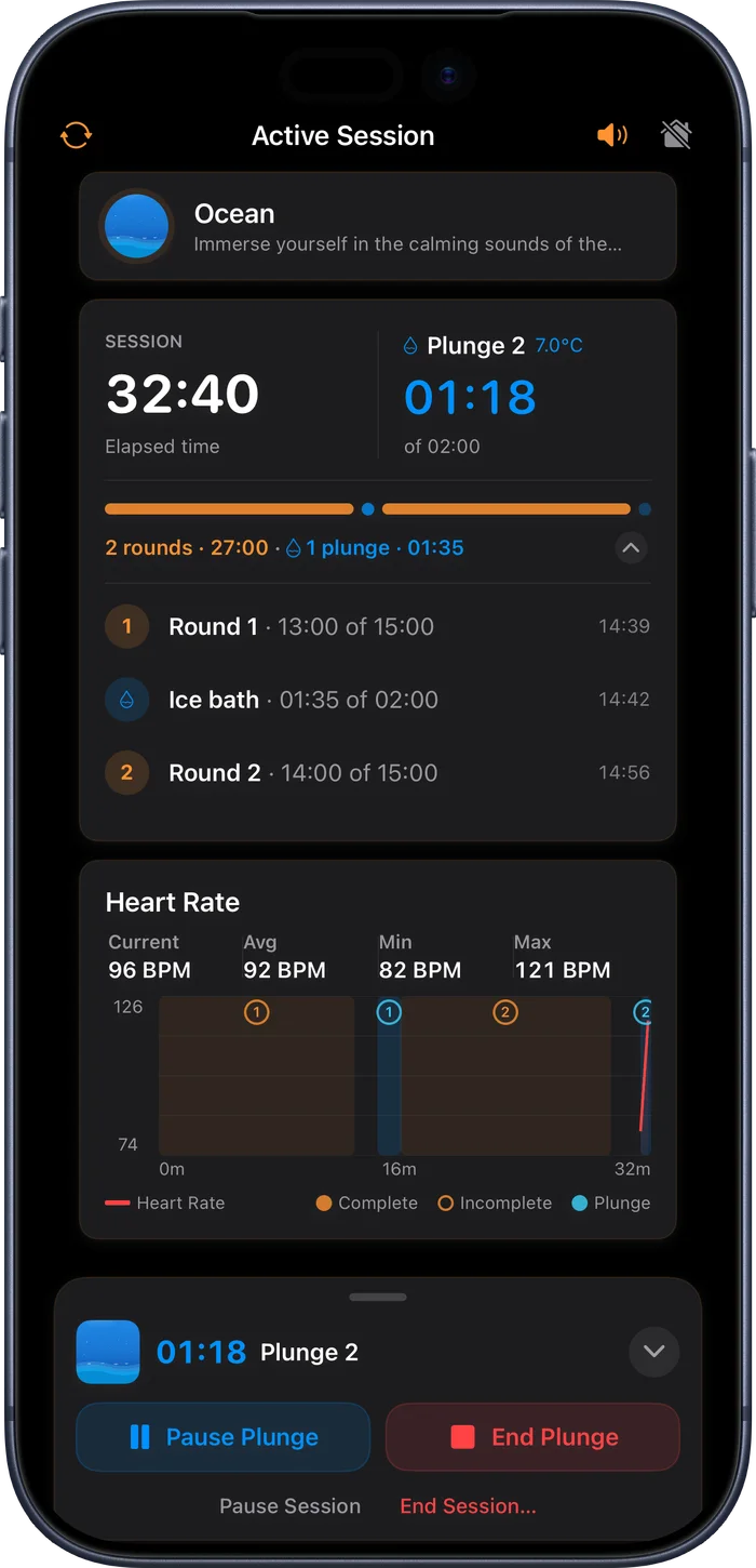 Sauna Assistant cold plunge and contrast therapy session with water temperature and heart-rate recovery