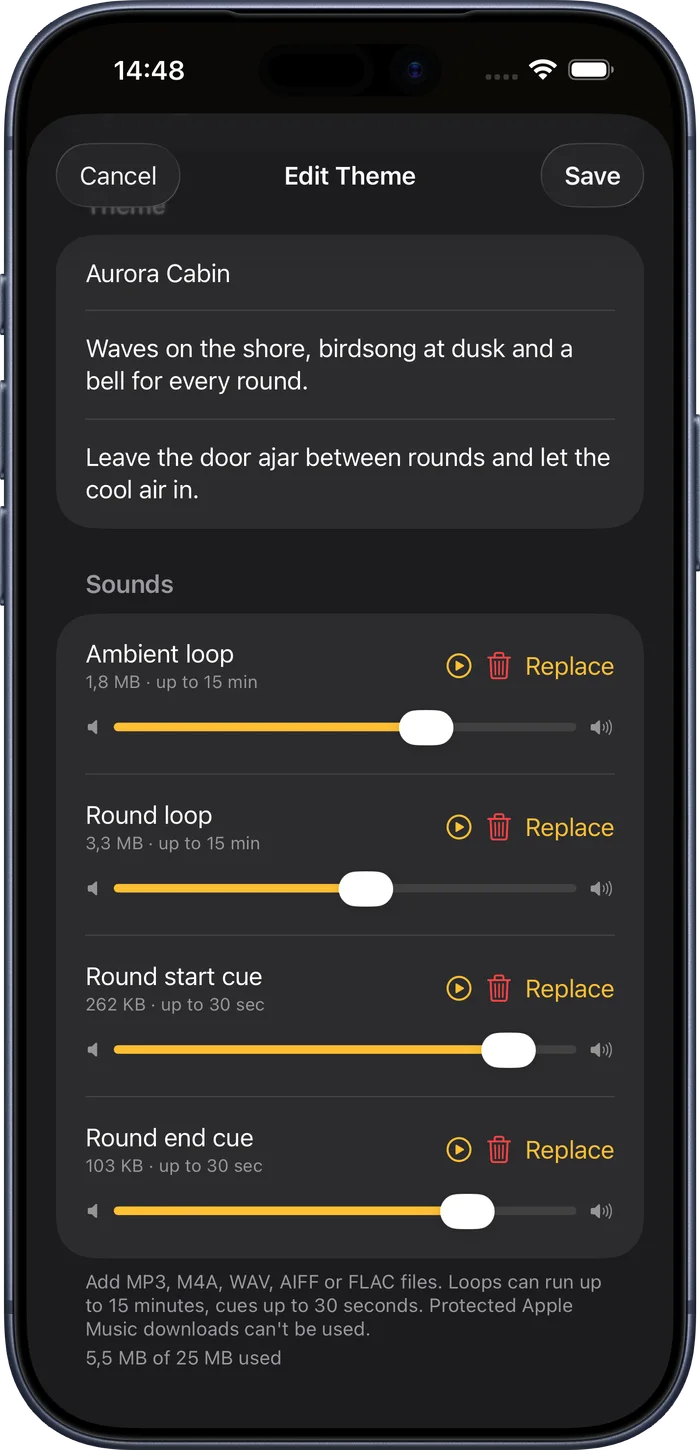 Sauna Assistant custom theme editor with an ambient loop, round loop, and round start and end cues, each with its own volume slider