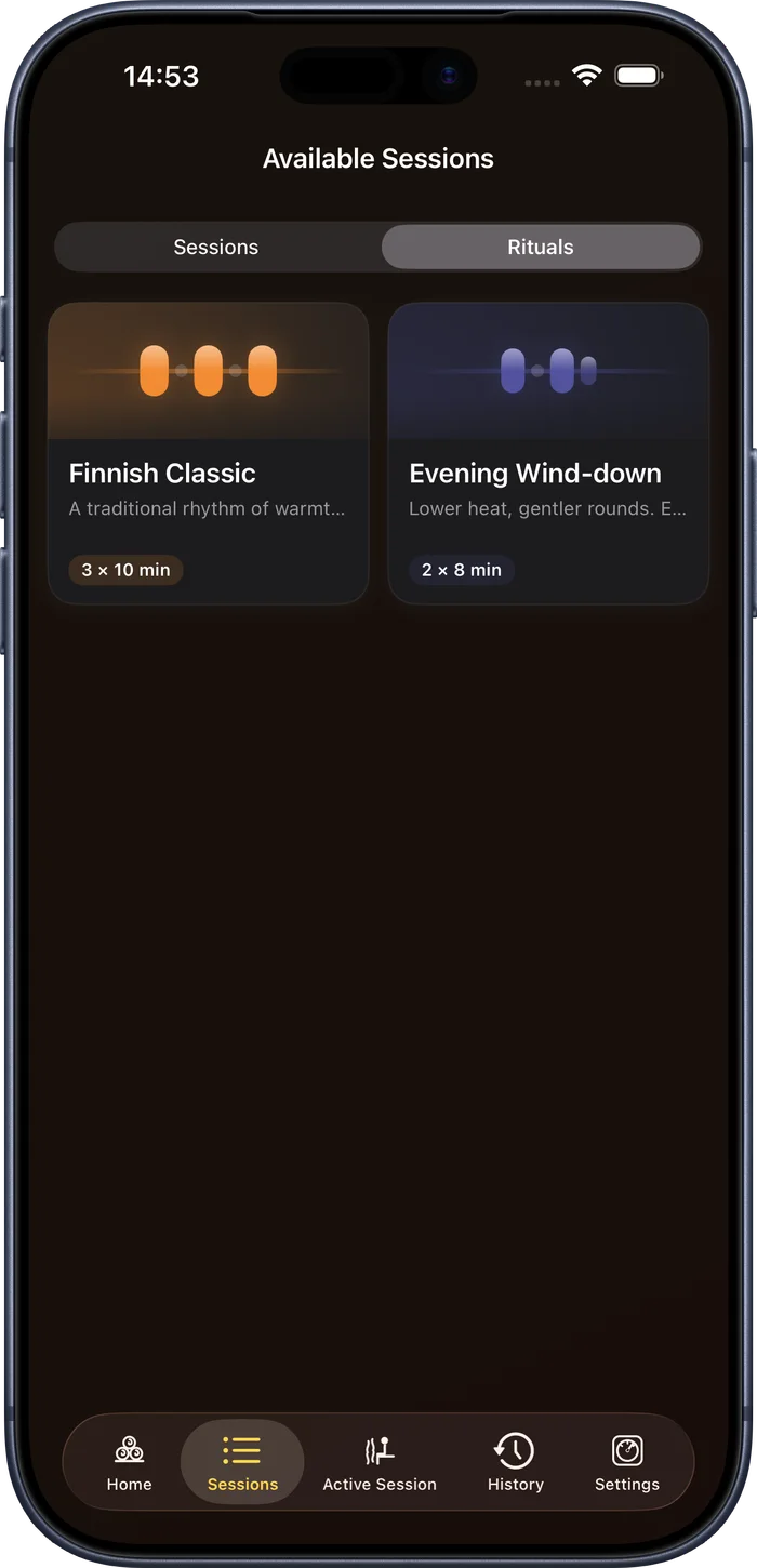 Sauna Assistant Guided Rituals picker with Finnish Classic and Evening Wind-Down sessions