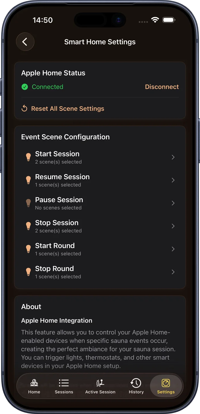 Sauna Assistant Apple Home scenes for sauna lights and automation