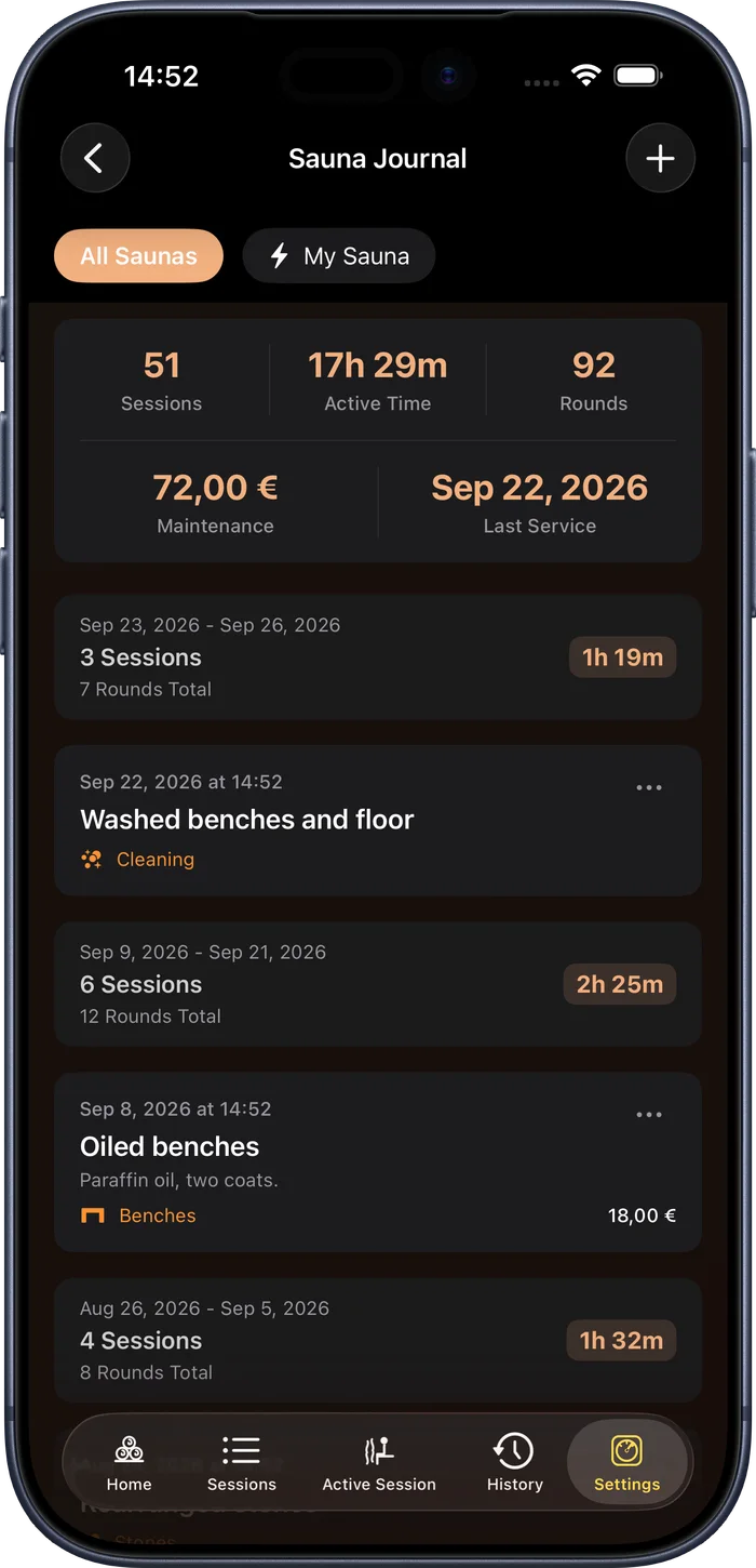 Sauna Assistant maintenance journal and session logging
