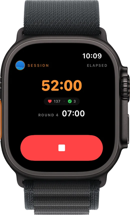 Sauna Assistant on Apple Watch showing the same live session — heart rate and round timer in sync